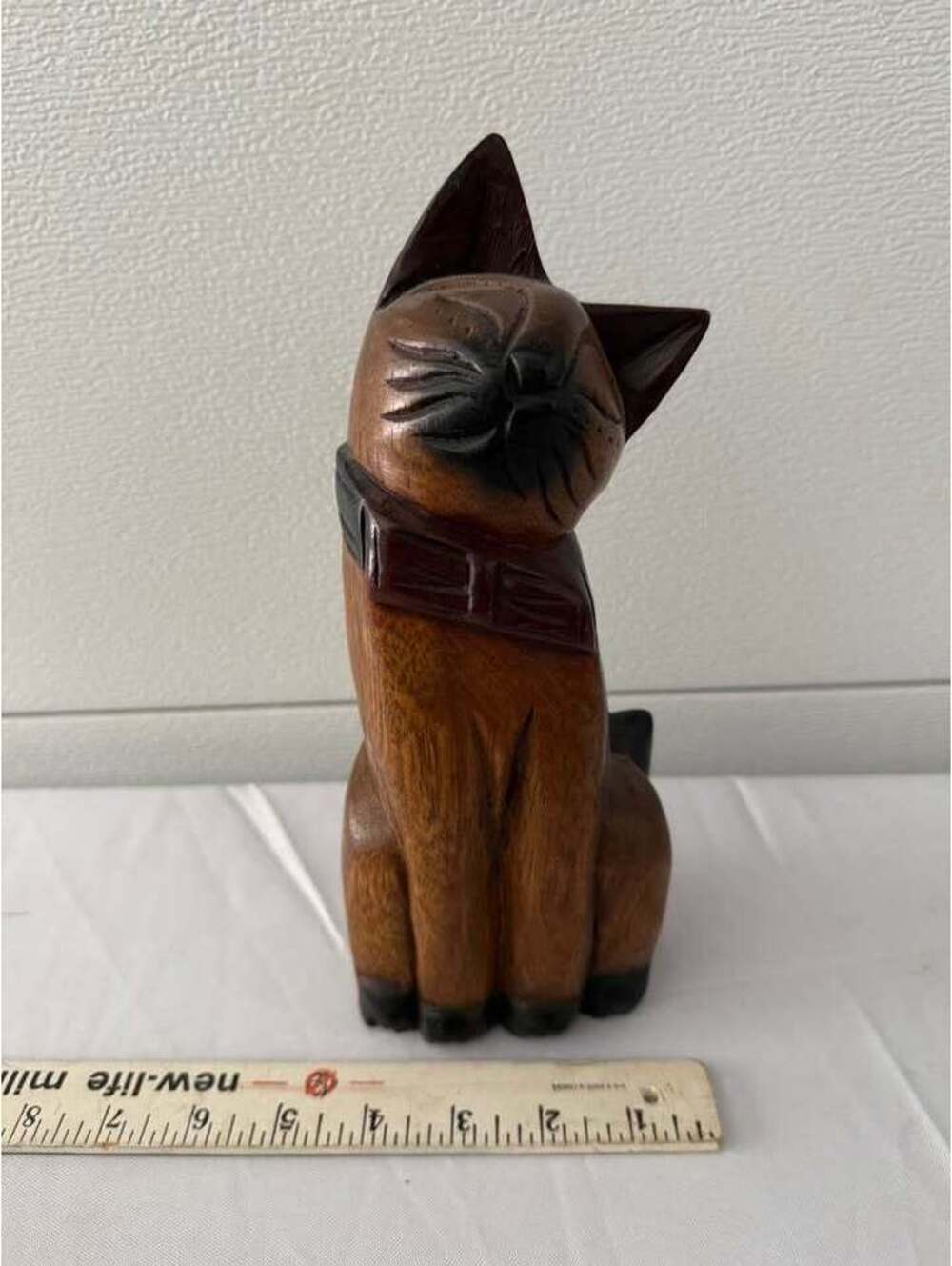 Hand-Carved Wooden Siamese Cat Figurine